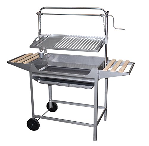 IMEX EL ZORRO 71767 Barbacoa Inoxidable con Parrilla-Plancha, Elevador, Ruedas y Bandejas Laterales, Gris, 124 x 50 x 140 cm