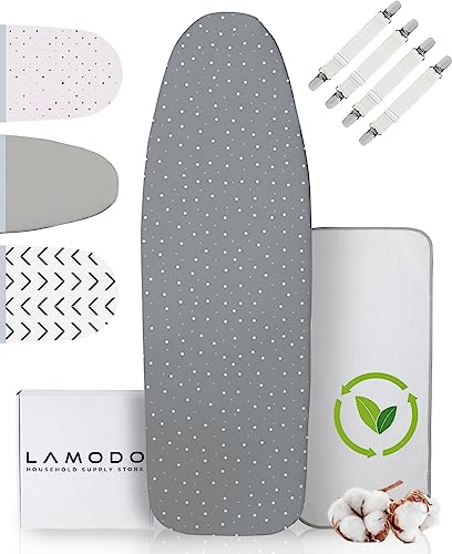lamodo® - Funda para Tabla de Planchar de 115 x 35 cm para planchas de Vapor, 100% algodón, Acolchado cómodo, Goma elástica, Funda para Tabla de Planchar + Consejos de Planchado (Gris/Puntos, S)