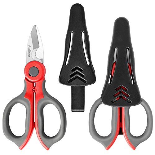 Asdirne Tijeras para electricista, cuchillas afiladas de acero inoxidable resistentes y agarre de goma suave, incluyendo con cubierta protectora, 14,5 cm, 2 piezas (gris/rojo)