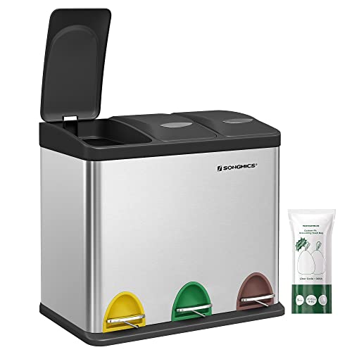 SONGMICS Cubo de Basura de Cocina, Basurero Clasificador 3 x 8 L, con Tapas, Triple Cubo de Acero para Familias Pequeñas, Pedales y Cubos, Fácil de Limpiar, Plata y Negro LTB24L