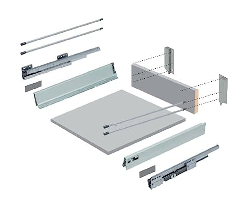 Cajón de cocina cacerolero altura 199mm con guías de freno, varillas laterales y maderas de base trasera incluidas, rieles de hasta 50 kg de peso, color en blanco, fondo de 50 cm (MODULO - 60)