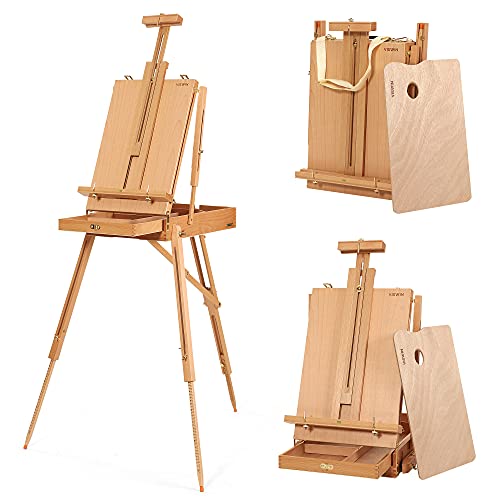 VISWIN Caballetes de Estilo francés, sostiene lienzos de hasta 86 cm, Caballete portátil de Madera de Haya para Estudio y Caja de bocetos de Campo con Instrumento de Nivel y Pata de Escala