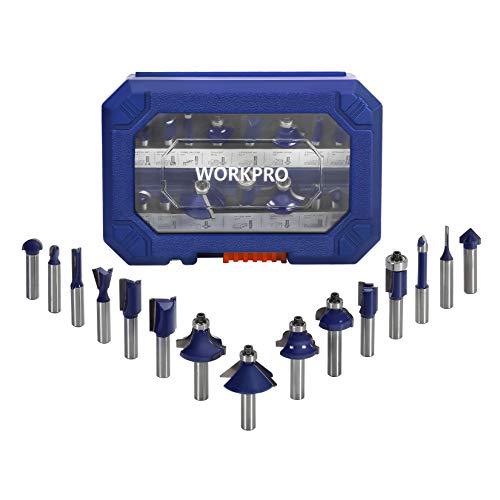 WORKPRO Brocas para Fresadora 15-piezas, Accesorios para Fresadora con Vástago de 8 mm, Brocas de Acero de Carburo con Caja Portátil, Brocas para Esquinas y Ranuras, Fresas para Perforar Madera