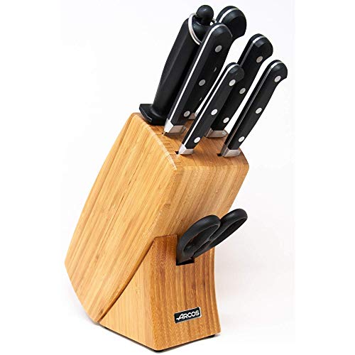 Arcos Serie Clasica, Juego de Cuchillos de 7 piezas en Caja de Regalo, 5 Cuchillos + 1 Tijeras + 1 Chaira, Hoja de Acero Inoxidable Forjado Nitrum, Mango de Polioximetileno, POM, Color Marrón