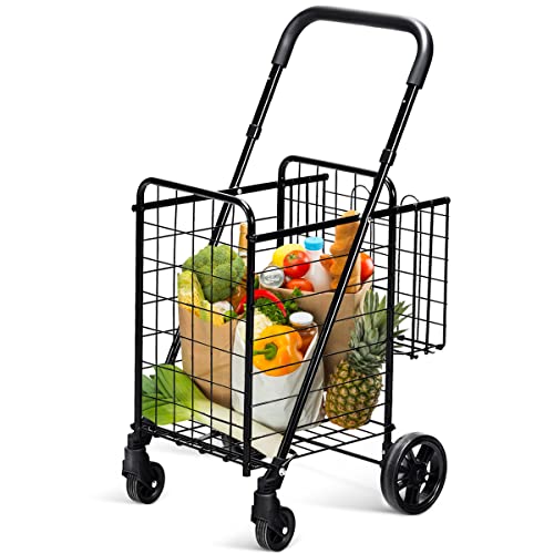 GYMAX Carro de la Compra Plegable de Metal, Carrito Compra Portátil con Doble Cesta 48 L+10 L, Soporta hasta 20 kg, 4 Ruedas, con Asa Ajustable de 89 a 95 cm (Negro)
