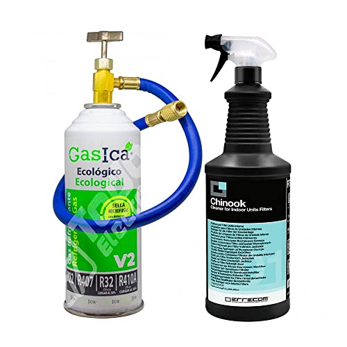 Pack Gas Refrigerante Ecológico Gasica V2 Sustituto R22, R407, R32, R410A y R290 para Recarga Máquina tipo Split de Aire Acondicionado más Manguera con Llave y Limpiador Filtros para Buen Olor