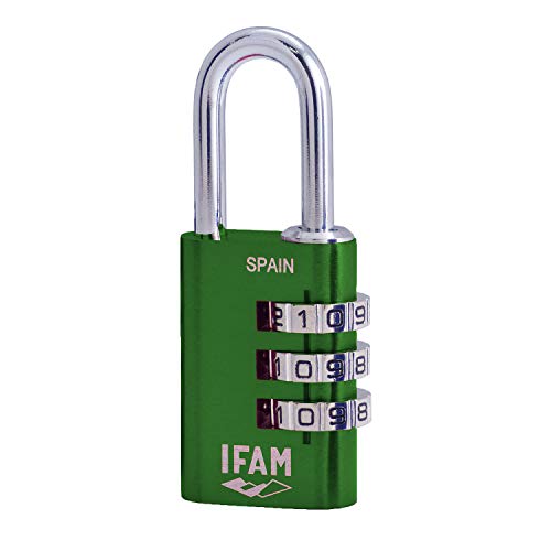 IFAM Candado de Combinación Col Combi, 20mm, Color Verde, Máxima Seguridad, Ideal para Mochilas y Maletas, Con Clave y Más de 1.000 Combinaciones, Aluminio, Gran Ligereza, Arco 3mm