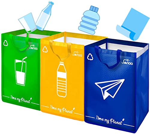 Janaa Cubo de Basura de Reciclaje Selectivo para El Reciclaje de Residuos de Vidrio, Plástico y Metal + Bolsa de Dones (azul amarillo verde)