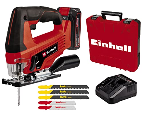 Einhell Sierra de calar con batería TC-JS 18 Li (1x2,5 Ah) Power X-Change (iones de Li, 18V, función de carrera pendular, adaptador de aspiración, incl. 1 batería de 2,5 Ah, cargador y maletín)