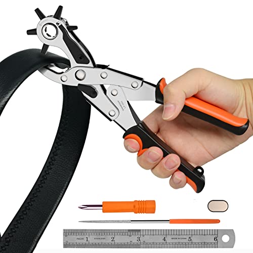 TOWOT Alicate Sacabocados para Cinturones y Cuero - Herramienta de Perforación Giratoria con 6 Tamaños de Agujero - Ideal para Piel, Correas, Tarjetas, Goma y más