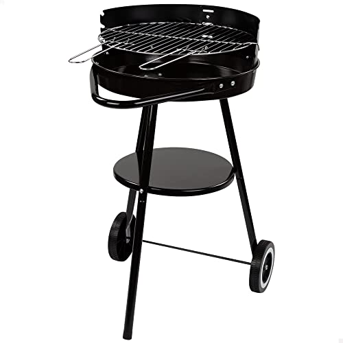 Barbacoa carbón portátil Aktive Ø42x74 cm Redonda | 3 alturas regulables | 2 ruedas para facilitar el transporte | Montaje rápido y fácil | Parrilla con dos mangos extraíbles