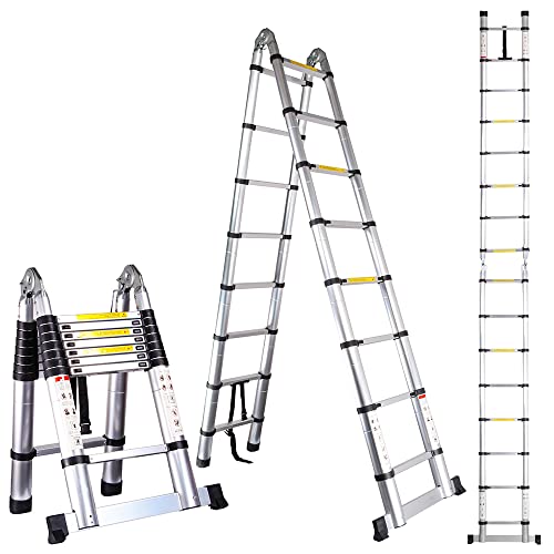 EGTink 5,0 m (2,5 + 2,5 m) Escalera telescópica Plegable de Aluminio, Extensión Escalera Multiusos de Aluminio Portátil, Carga Máxima 150kg