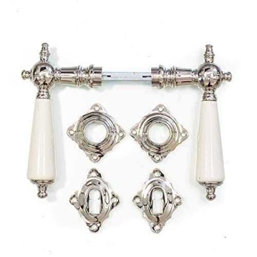 Antikas Picaporte con mango de cerámica en color blanco envejecido, herraje de puerta de níquel brillante + rosetones