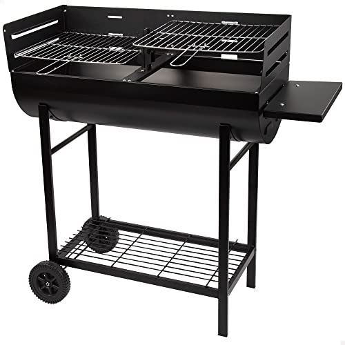 AKTIVE 52897 - Barbacoa carbón y leña de doble parrilla 97 x 42 x 96 cm; 2 alturas regulables, depósito de cenizas extraíble y fácil de limpiar, bandeja para utensilios, 2 ruedas para fácil transporte