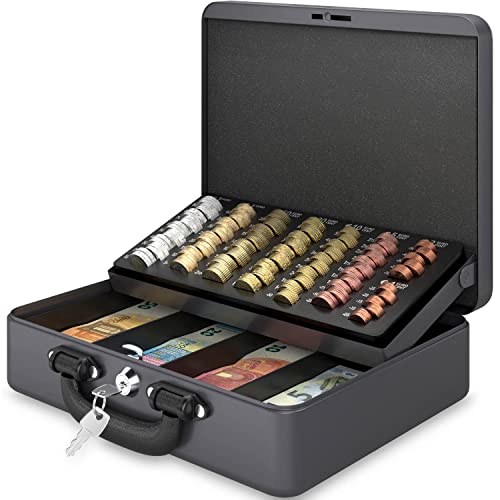 ACROPAQ Caja de efectivo Premium - Con cerradura, Caja dinero Grande, 30 x 25 x 9 cm, Contador de monedas, Estuche más grueso, Asa de transporte robusta - Caja Caudales, Caja fuerte - Gris