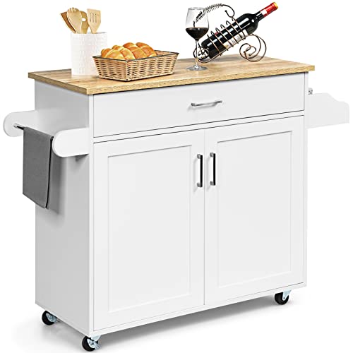 Giantex Carrito de Cocina, Isla de Cocina, Armario de Cocina con Toallero y Estante para Especias, Cajón Grande y Estante Ajustable, Carrito de Madera con Ruedas, Color Blanco (Blanco)