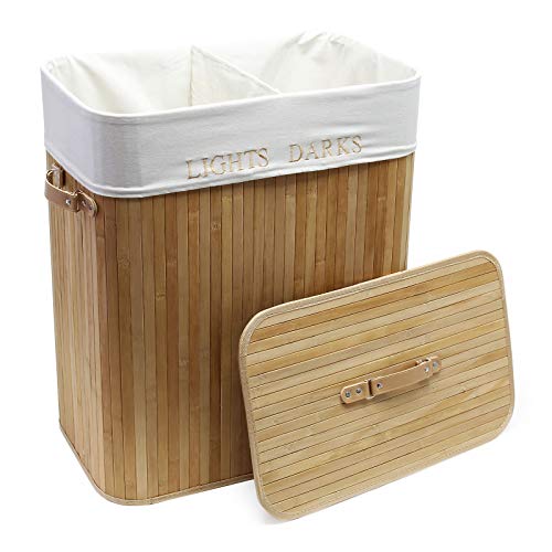 Cesta para colada de bambú 105L Natural Saco de lino con 2 compartimentos Plegable Cesto juguetes