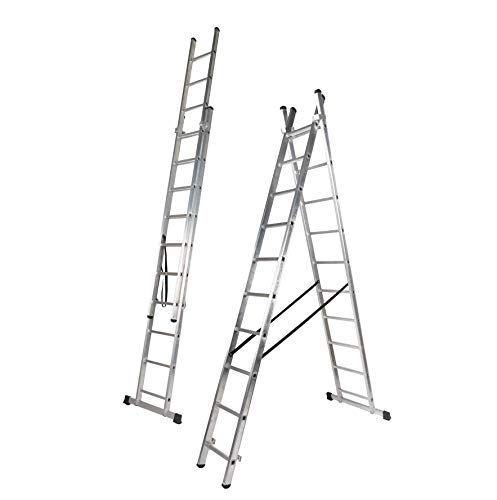 BTF Escalera de Aluminio Extensible 2 tramos transformable en Tijera, 4,0+4,0 Metros, 15 peldaños por Tramo | Ideal para Trabajos en casa, Chalet, finca Rural o Local Comercial. BTF-EDB6740