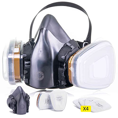 Respirador semimáscara profesional con doble filtro. Máscara antipolvo, antigas, antipolvo, para gases y vapores. Incluye 4 filtros. Protección para la pintura y la soldadura de disolventes químicos.