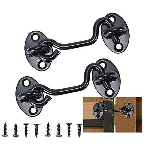 2 Pcs Gancho de Ventana,Sujeta Ventanas Abiertas Gancho de Cabina de Acero Inoxidable,Cerradura de Gancho de Puerta Negra con Tornillos Para Ventanas Puertas Ojo Puerta Pestillo(7.5cm)