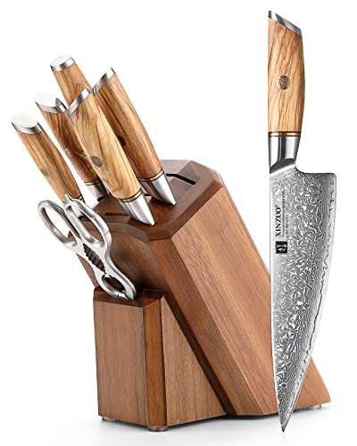 XINZUO Set Cuchillo Cocina con Bloque de Cuchillos 8 Piezas, Acero en Polvo de Damasco de 73 Capas Juegos de Cuchillo de Chef Profesional-Mango de Madera de Olivo -con Tijeras de Cocina y Chaira
