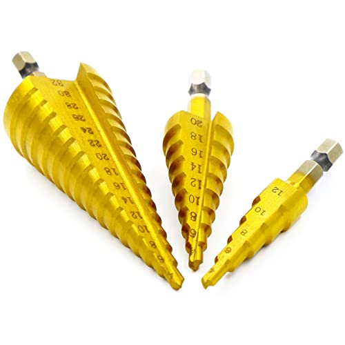 AnJeey Broca Escalonada HSS, Recubierto de Titanio, Vástago Hexagonal Universal, Cortador de Cono de 4 mm-12/20/32 mm para Tablero de PVC de Plástico, Madera, Metal, Aluminio, Cobre, 3 Piezas