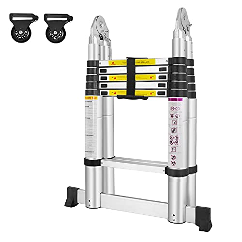 VA-Cerulean Escalera plegable de aluminio de 3,8 m, escalera telescópica antideslizante, máx. capacidad de carga 150 kg, color plateado