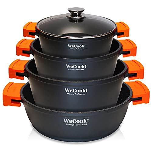 WECOOK! EcoChef Titanio Batería Cocina Inducción 8 Piezas, Aluminio Fundido, 4 Ollas, Antiadherente QuanTanium + Piedra sin PFOA, Set Cazuelas Tapas Cristal, Asas Silicona, Vitrocerámica, Gas, CHEF4B