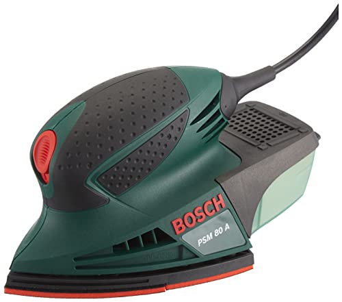 Bosch Home and Garden PSM 80 A - Multilijadora, 3 hojas de lija RedWood, con maletín (80 W, nº carreras en vacío: 20.000 min-1, Ø circuito oscilante: 1,4 mm), Color Verde