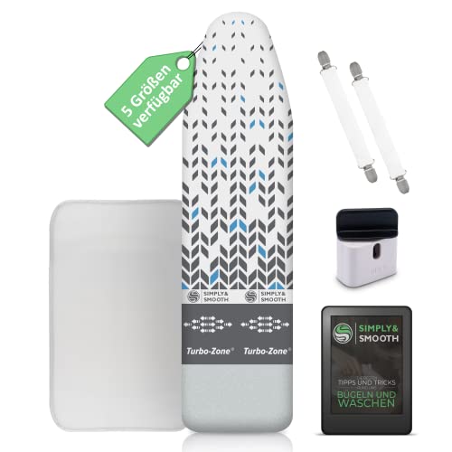 SimplySmooth Funda para tabla de planchar de 120 x 40 cm, apta para plancha de vapor, funda de tabla de planchar de alta calidad con tensor, paño de planchado y libro electrónico, planchado rápido