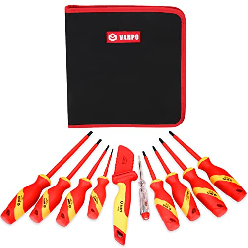 VANPO Destornilladores Electricista VDE, 1000V Juego de 10 Destornilladores Aislados Magnético Electricista con Destornillador Ranurado & PZ & PH, Cuchillo de Cable, Probador de Voltaje