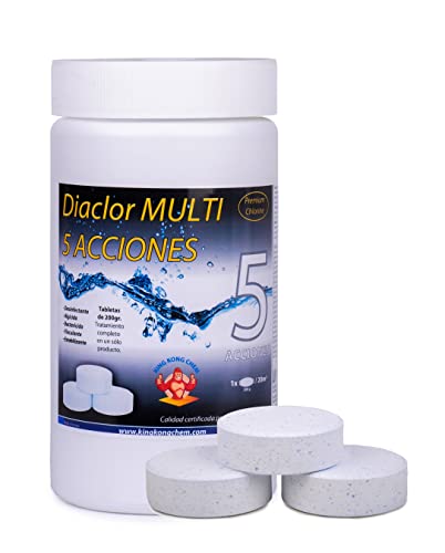 Cloro para Piscinas DIACLOR MULTI 5 ACCIONES 1 KG - 5 Pastillas de Cloro Lento (200 gr- 7,5 cm Diámetro) - Tratamiento Completo 5 EFECTOS - SIN COBRE -