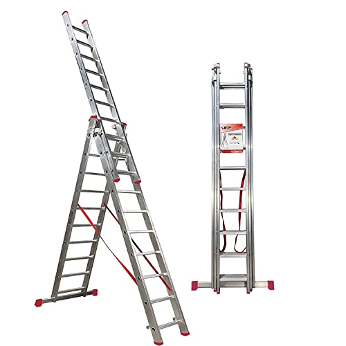 BTF Escalera de aluminio 3 Tramos Extensible Transformable Serie PROFI 3,0+3,0+3,0 Metros 11 peldaños por tramo, Perfil 80x25mm | Robusta escalera para trabajos en nivel profesional. Ref. BTF-ETTE8030