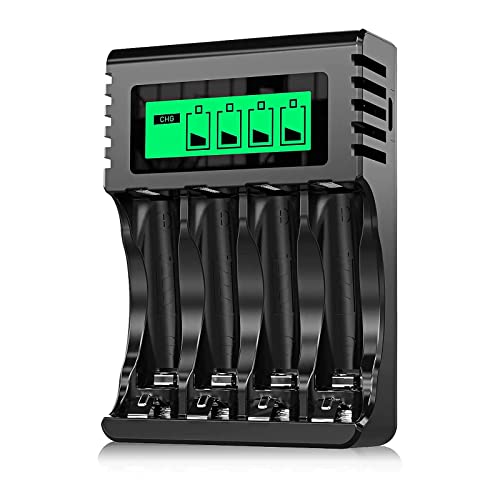 POWEROWL Cargador Rápido de Pilas Recargables, LCD Cargador para Ni-MH/Ni-CD Pilas Recargables AA/AAA, Ranura Independiente & USB Carga Rápida