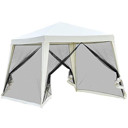 Outsunny Carpa de Jardín 3x3 m Cenador con 4 Partes Laterales Mosquitera con Cremallera Protección UV para Patio Exterior Eventos Fiesta Beige