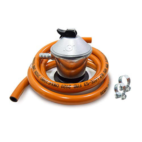 S&M 321771 Kit completo Regulador de gas butano+ Tubo Goma 1,5 metros + 2 abrazaderas de seguridad, Gris/Naranja