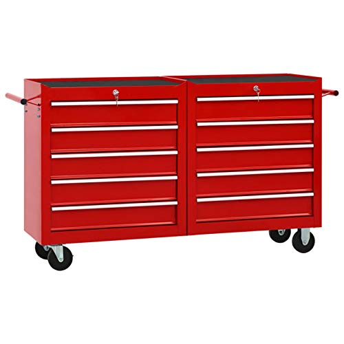 Tidyard Carro para Herramientas con 10 Cajones Mueble de Almacenamiento para Taller Carro Caja de Herramientas Taller Movil Acero Rojo