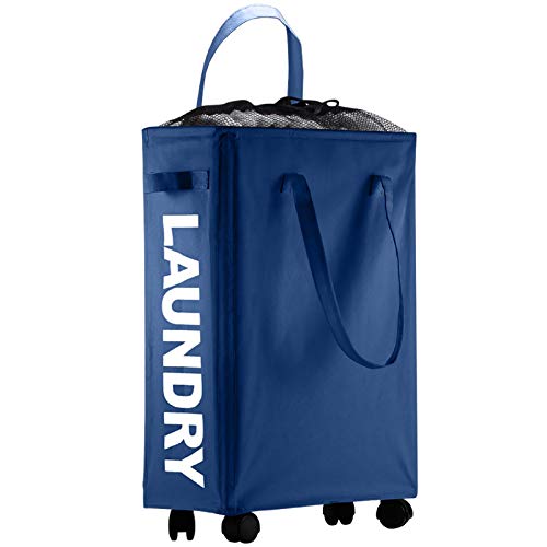 IHOMAGIC 40L Cesto para Colada de con Ruedas, Cesta Lavandería con Asa Delgada Cesto para Ropa Sucia Rectangular, Plegable Bolsa de Lavado de Ropa Bin (Azul Oscuro)