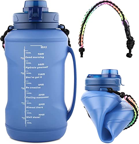 SURPN 2L Botella de Agua Deportiva Plegable con Pajita, Taza de Agua de Gran Capacidad de con Marcas de Recordatorio, Taza de Silicona de Grado Alimenticio Resistente a Caídas de Alta Temperatura