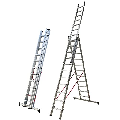 Escalera de Aluminio Tres Tramos Transformable, Medidas 3.0 + 3.0 + 3.0 MTS | Escalera Triple Extensible en Apoyo hasta 6,8 Metros y en Tijera hasta 4,7 Metros. Ref. BTF-ETTB6730