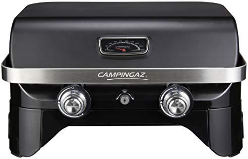Campingaz Attitude 2100 LX barbacoa de mesa portátil a gas, 5 kW de potencia, barbacoa de gas para camping con tapa, termómetro, parrilla de hierro fundido y plancha