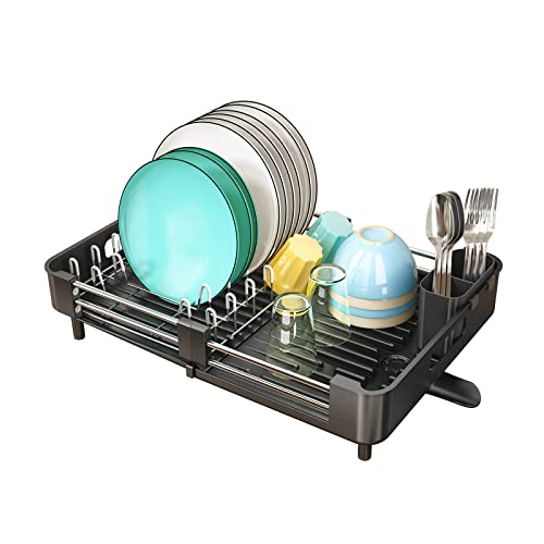 SAYZH Escurreplatos, Escurridor De Platos Extensible(33.5 CM-50 CM) De Gran Capacidad con Soporte Cubiertos Extraíble y Caño De Drenaje Giratorio, para Encimera De Cocina Ahorre Espacio(Negro)