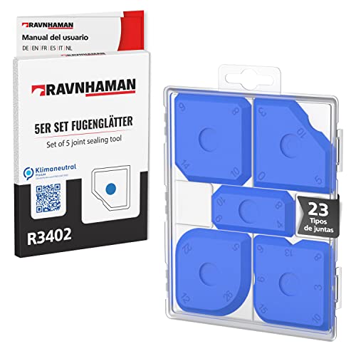 RAVN HAMAN Juego de 5 Herramientas aplicadora para silicona Azul - Alisadores de juntas con 23 formas diferentes - Alisador para juntas de silicona y acrílicas - Incl. caja de almacenamiento
