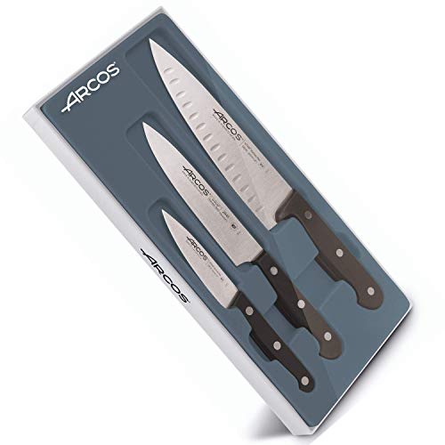 ARCOS Conjunto Cuchillos 3 piezas - Acero Inoxidable Nitrum y Hoja mm, Cuchillo cocina profesional cocinar, 590 gr, Mango ergonómico polioximetileno POM, Serie Universal, Mayor control, Color negro
