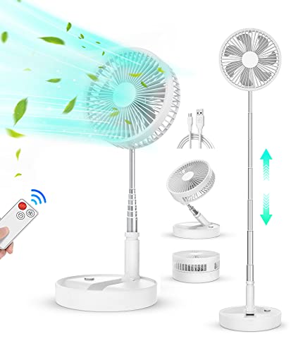 FGRYB Ventilador de Pie Portatil Silencioso con Mando, 8'' Plegable Suelo/Mesa Habitacion Bajo Consumo Ventiladores 4 Modos/Timer, USB 7200mAh Batería Recargable Pedestal Fan para Dormitorio Oficina