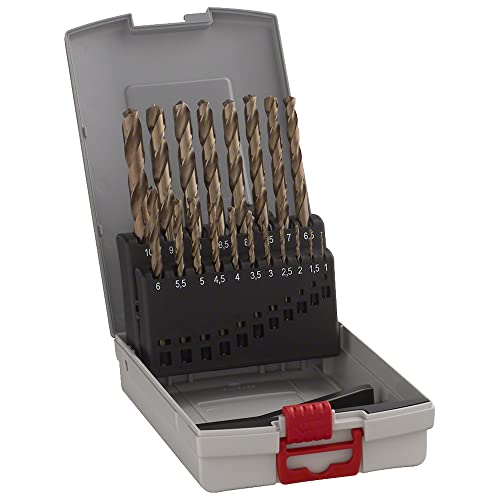 Bosch Professional 19 uds. Set de brocas para metal HSS-Cobalt ProBox (para acero inoxidable, Ø 1-10 mm, accesorios para taladro y soporte para taladro)