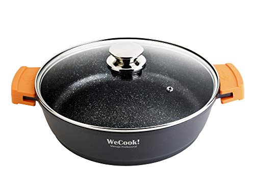 WECOOK! - Cacerola Baja Ecochef Inducción 40 cm con Tapa de Cristal, Antiadherente QUANTANIUM Ecológico, sin PFOA, Aluminio Fundido 5mm, Asas Silicona, Apta para Todo Tipo de Cocinas, Tamaño 40 cm