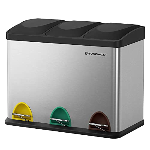 SONGMICS Cubo de Basura, Cubo Basura Pedal Reciclaje, Cubo Basura 45 L Metal, Separación de Residuos para Cocina, Duradero, 3 x 15 L, Acero Inoxidable, Plata y Negro LTB45L