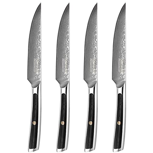 Sunnecko Juego de 4 cuchillos para carne de damasco, hoja afilada y mango G10, cuchillo de pizza, cubiertos para barbacoa, cuchillo de mesa con caja de regalo