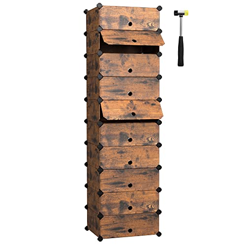 SONGMICS Zapatero Modular con 10 Compartimentos, Estantería Modular de Plástico, Cajas Zapatero DIY, Zapatero Plástico con Puerta, con Martillo, Marrón Rústico LPC010A01